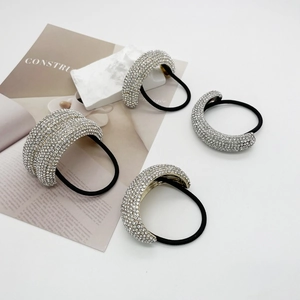 Rhinestone Ponytail Tie Alloy Metal Cuff Hair Band Sparkling Crystal Elastic Hair Rope For Women Luxury Trendy