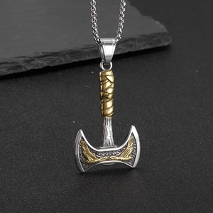 Men's Nordic Viking double-sided axe pendant necklace with golden eagle in titanium steel