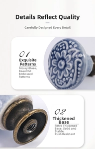 Detail of vintage ceramic drawer knob with floral relief and antique metal base