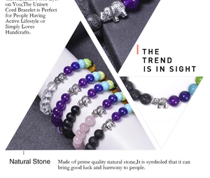 Vue détaillée des bracelets de yoga en pierre naturelle avec perles de lave et éléphant