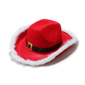 Cappello Da Cowboy Di Natale Rosso Babbo Natale Con Bordo In Pelliccia Sintetica Bianca E Cintura Nera Fibbia Dorata Costume