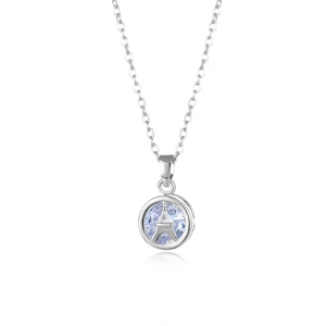 Silver Eiffel Tower necklace with light blue gemstone pendant on a white background