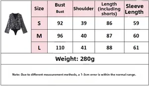 Detailed size chart for women's V-neck sequin romper with measurements for S, M, L