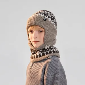 Kids winter knit earflap hat and scarf set with beige and brown jacquard pattern