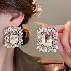 Vintage style square rhinestone drop earrings with large emerald cut crystal accents