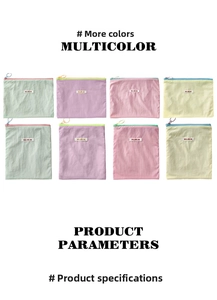 Detail of MILOBISS macaron cosmetic bags in multiple colors and sizes on white background