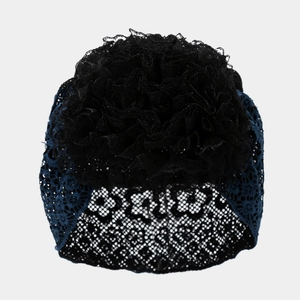 Damen Spitzen-Turban mit großer dekorativer Netzblume in Dunkelblau und Schwarz
