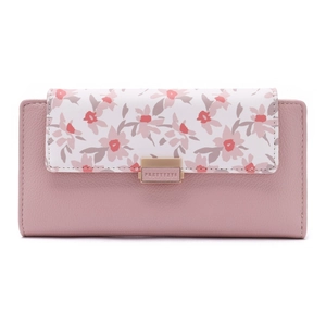 Pink floral PU leather long clutch wallet for women with golden metal snap closure
