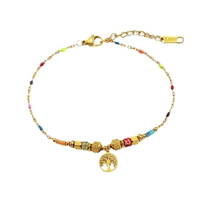 Golden stainless steel beaded bracelet featuring a colorful Tree of Life round pendant