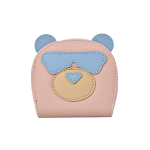 Cute cartoon bear coin purse in pink and blue lychee grain leather on white background