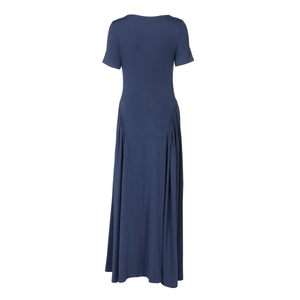 Detail view showing back of navy blue U-neck dress with pleated waist and elegant slim fit