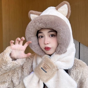 Donna Inverno Peluche Sciarpa Con Cappuccio Cappello Orecchie Di Gatto Ispessito Caldo Pelliccia Sintetica Antivento