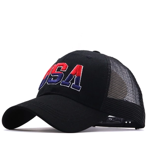 Classic black USA flag trucker hat with 3D embroidery and breathable mesh back