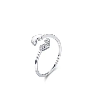 Adjustable S925 sterling silver ring featuring sparkling zircon double heart design