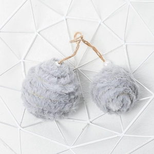 Minimalist grey faux fur pom pom ornaments with rustic jute rope and pearl accents