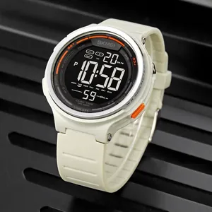 Waterproof digital sports watch in cream white with LED display and rubber strap