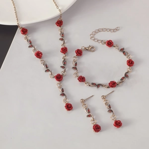 Vintage French red rose jewelry set including necklace, bracelet and earrings in gold