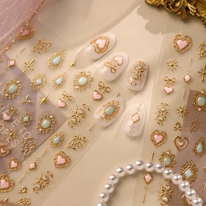 Vintage Herz-Nagelaufkleber mit Goldprägung, rosa Schmucksteinen und Palast-Motiven