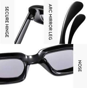 Detail view of square sunglasses showing secure hinge, arc mirror leg and comfortable nose bridge