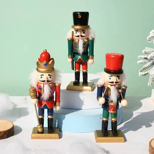 Three 15cm wooden nutcracker soldiers on a white display stand for Christmas decor