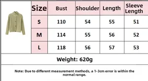 Size chart for green knit cardigan showing bust, shoulder, and length in S M L