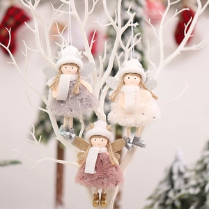 Three plush angel Christmas tree ornaments in grey, white, and pink with sequin wings