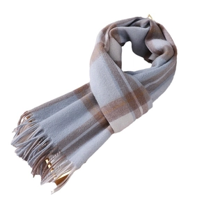 Blue-grey and beige checkered Australian wool scarf with tassel fringe for winter warmth