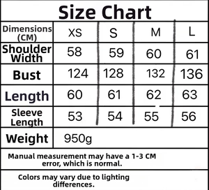 Detailed size chart for oversized faux leather biker jacket with collar and sleeve measurements