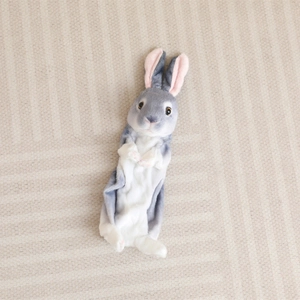 Detailed view of plush rabbit shell with soft gray fur and realistic brown eyes