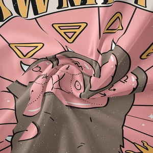 Detail of soft fabric tapestry showing retro monster claw print and fine knit texture