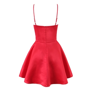 Back view of elegant red satin strap dress with invisible zipper and smooth finish
