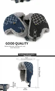 Détails du bonnet trappeur en jean à carreaux avec doublure en fourrure et dimensions