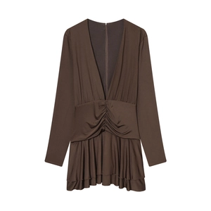 Dark brown long sleeve dress with deep V-neck and ruched waist details on white background