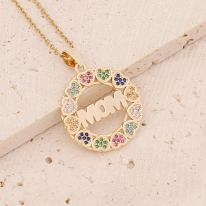 18K gold plated MOM necklace with colorful heart-shaped cubic zirconia on beige stone