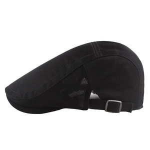 Detail view of breathable black mesh flat cap with adjustable side metal buckle clasp