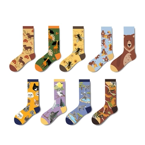 Colorful animal patterned cotton crew socks featuring giraffe, bee, and cat illustrations