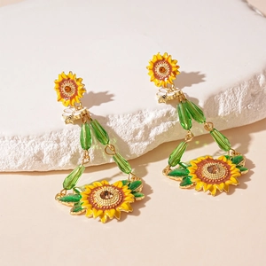 Summer sunflower and bee drop earrings with yellow enamel and sparkling rhinestones