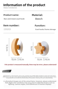 Detailed dimensions of beech wood star and moon wall hooks for home storage