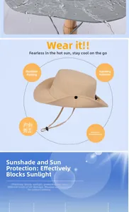 Waterproof wide brim sun hat detail showing quick-dry fabric and adjustable chin strap