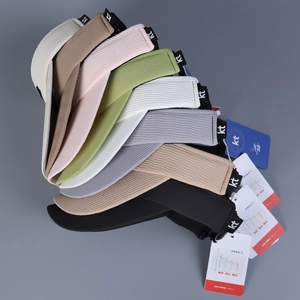 Close-up of stacked UPF 50+ athletic sun visors showing cooling fabric texture and kt logos