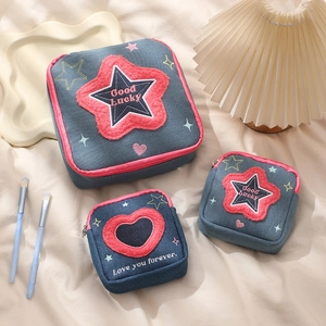 Three-piece denim makeup bag set with star and heart embroidery in deep blue finish