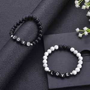 White turquoise and matte black stone couple bracelets with LOVE letter beads set