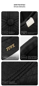 Macro details of quilted brimless cap with FEWK metal logo and adjustable strap