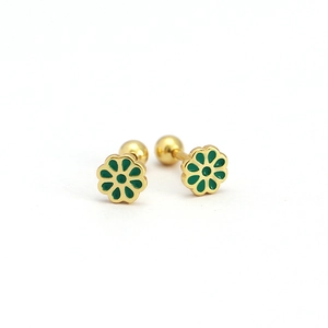 Elegant 925 silver gold-plated earrings with green floral enamel design on white background