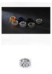 Detailed view of 10mm wide stainless steel watch band style rings in multiple colors