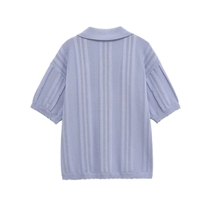Back view of light purple short sleeve knit polo shirt with wave openwork texture