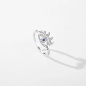 Elegant S925 sterling silver evil eye open ring with cubic zirconia and blue center stone
