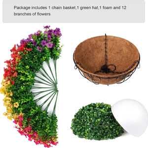 DIY hanging basket kit with coconut liner, foam, and 12 colorful artificial flowers