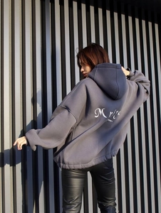 Oversized dark grey hoodie with white letter embroidery on back and leather pants