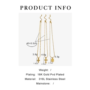 Detailed product specs of 18K gold PVD coated cross necklaces in 316L stainless steel